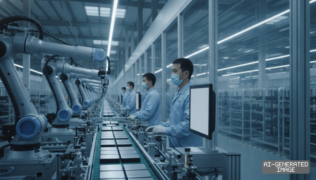 Workers monitor an automated assembly line with robotic arms producing battery cells in a modern manufacturing facility. (AI-generated image)