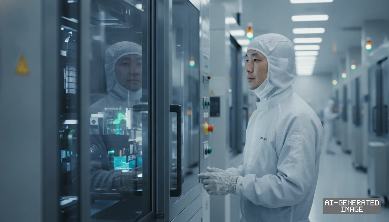 A technician in protective cleanroom attire monitors machinery inside an advanced semiconductor fabrication facility. (AI-generated image)
