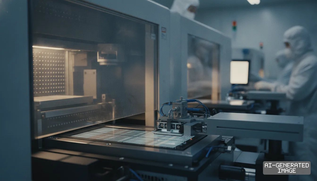 Automated equipment processes a semiconductor wafer inside a cleanroom facility as technicians work in the background. (AI-generated image)