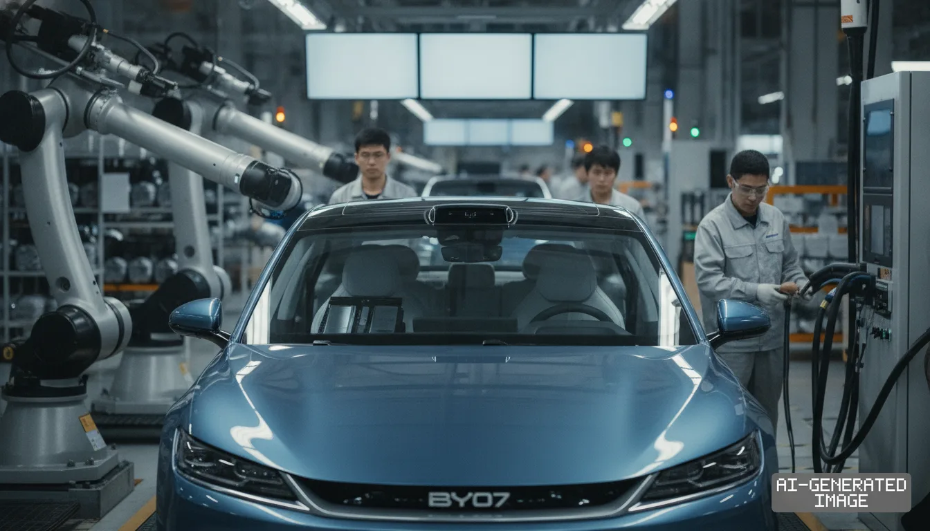 Workers and robotic arms assemble a blue sedan fitted with a roof-mounted LiDAR sensor inside an automotive manufacturing plant. (AI-generated image)