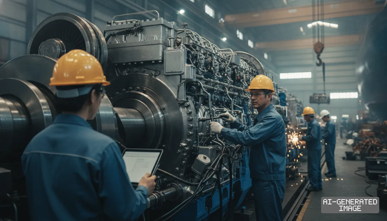 Workers in hard hats and uniforms assemble and inspect a large marine engine inside a manufacturing plant. (AI-generated image)