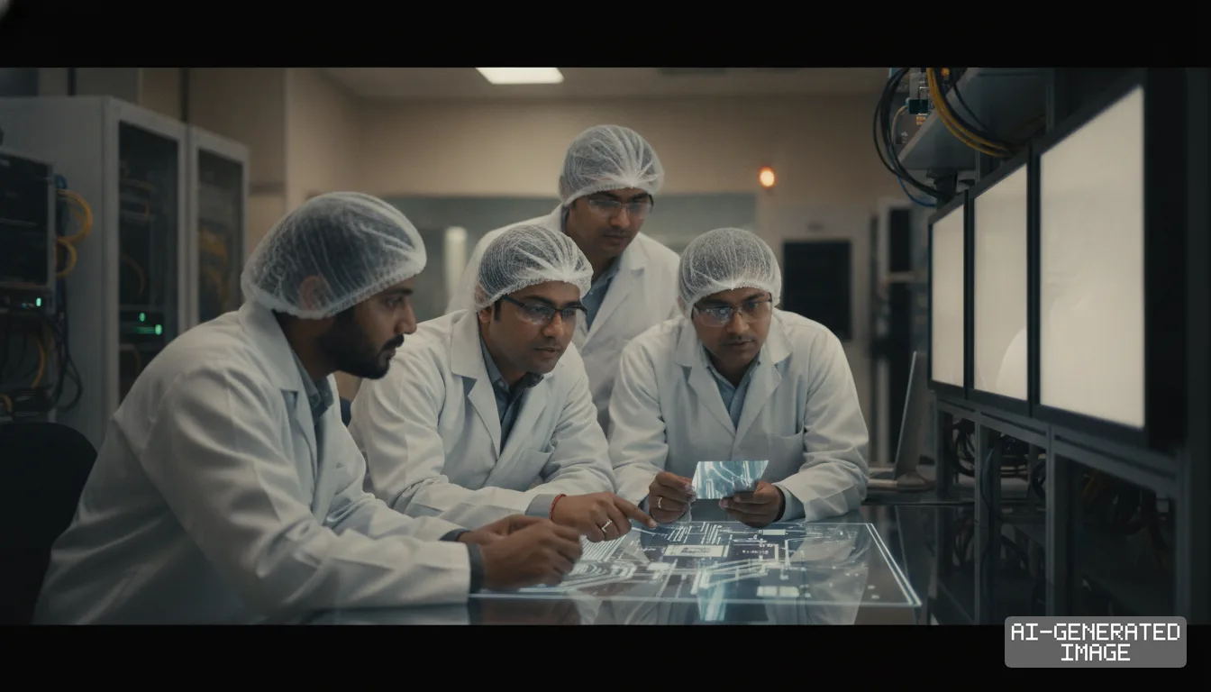 Engineers in lab coats and hairnets examine a glowing semiconductor circuit layout displayed on a lab table. (AI-generated image)
