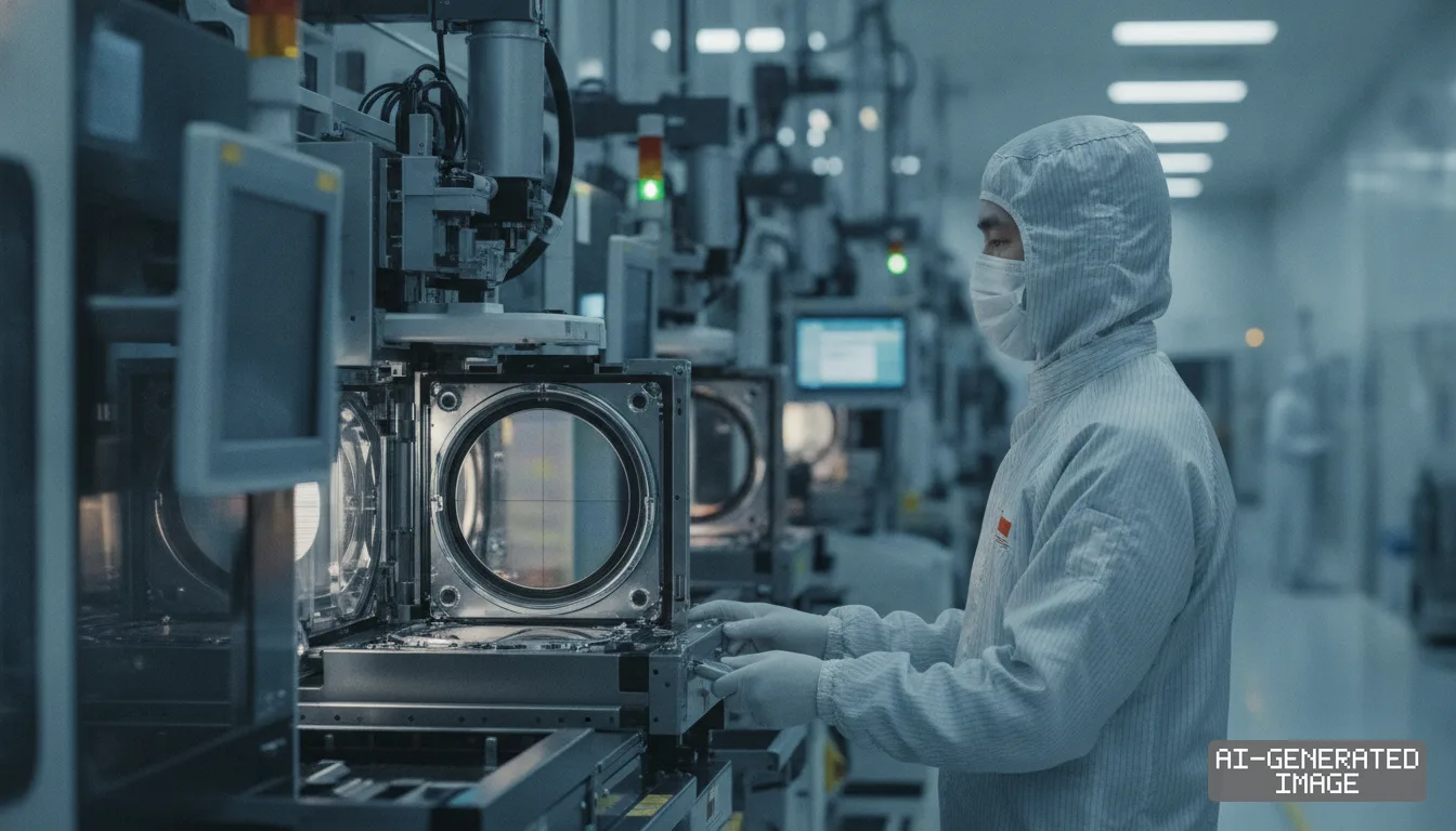 A technician in cleanroom attire operates precision equipment inside an advanced semiconductor manufacturing facility. (AI-generated image)