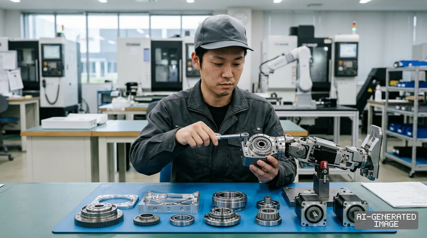 A technician adjusts a robotic joint mechanism at a workbench equipped with precision gears, bearings, and electric motors. (AI-generated image)