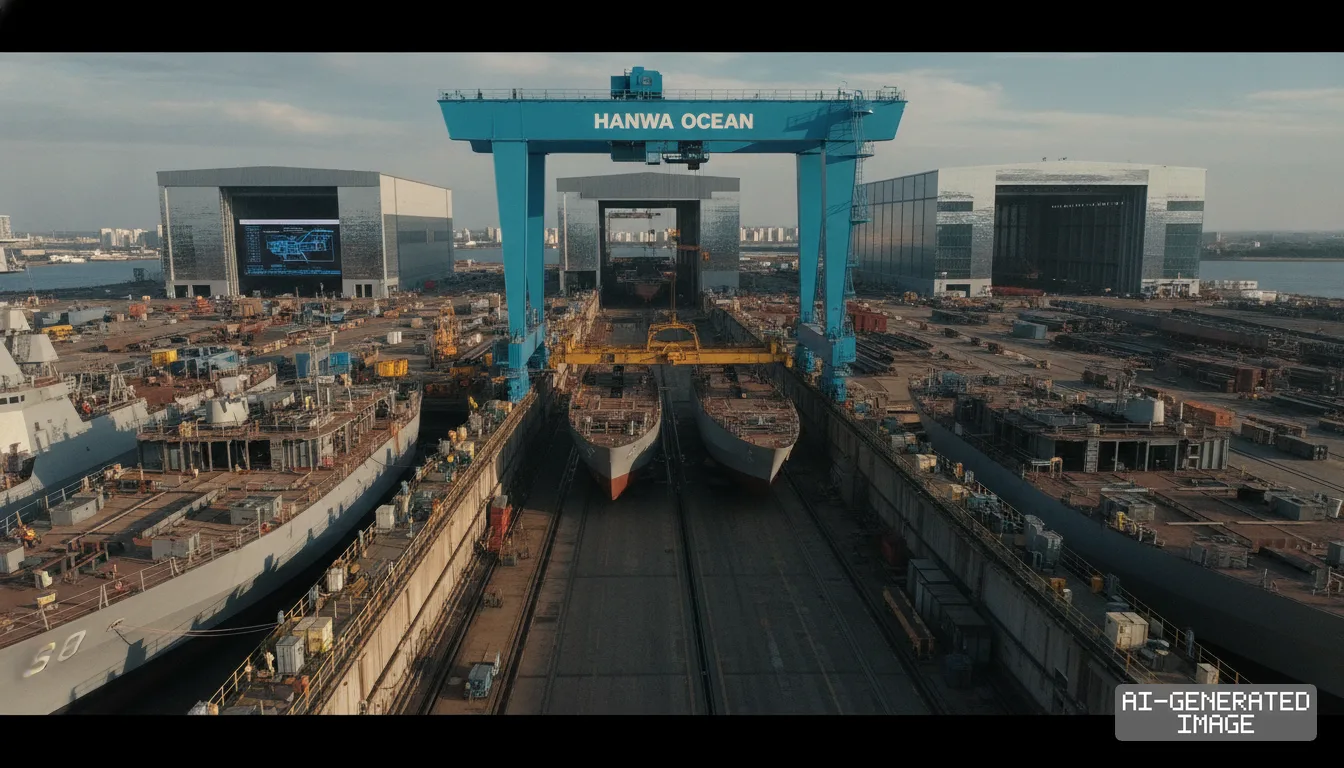 A large Hanwha Ocean gantry crane stands over naval vessels undergoing construction and maintenance in a busy shipyard drydock. (AI-generated image)