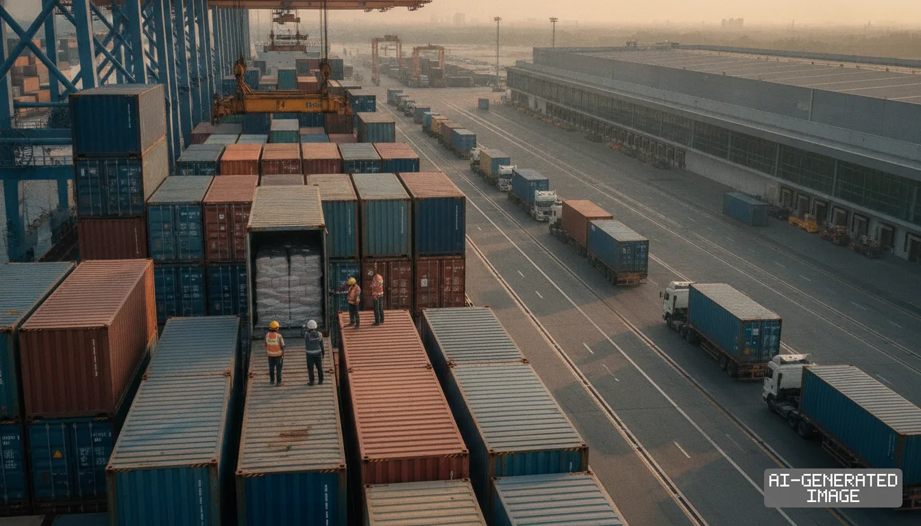 Workers inspect cargo inside an open shipping container at a commercial port terminal handling international transshipment freight. (AI-generated image)