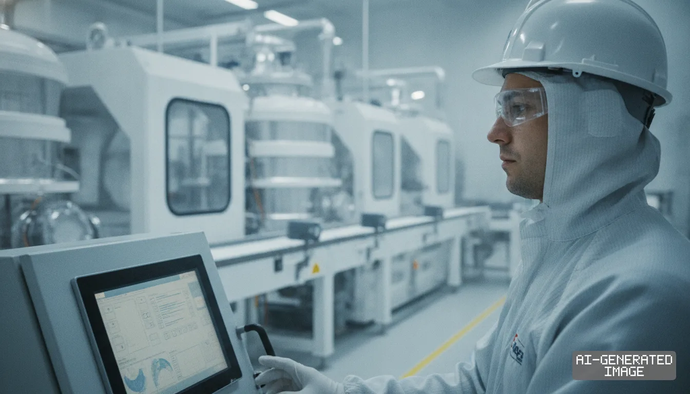 A technician in protective gear operates a control screen along a battery cathode material manufacturing line. (AI-generated image)