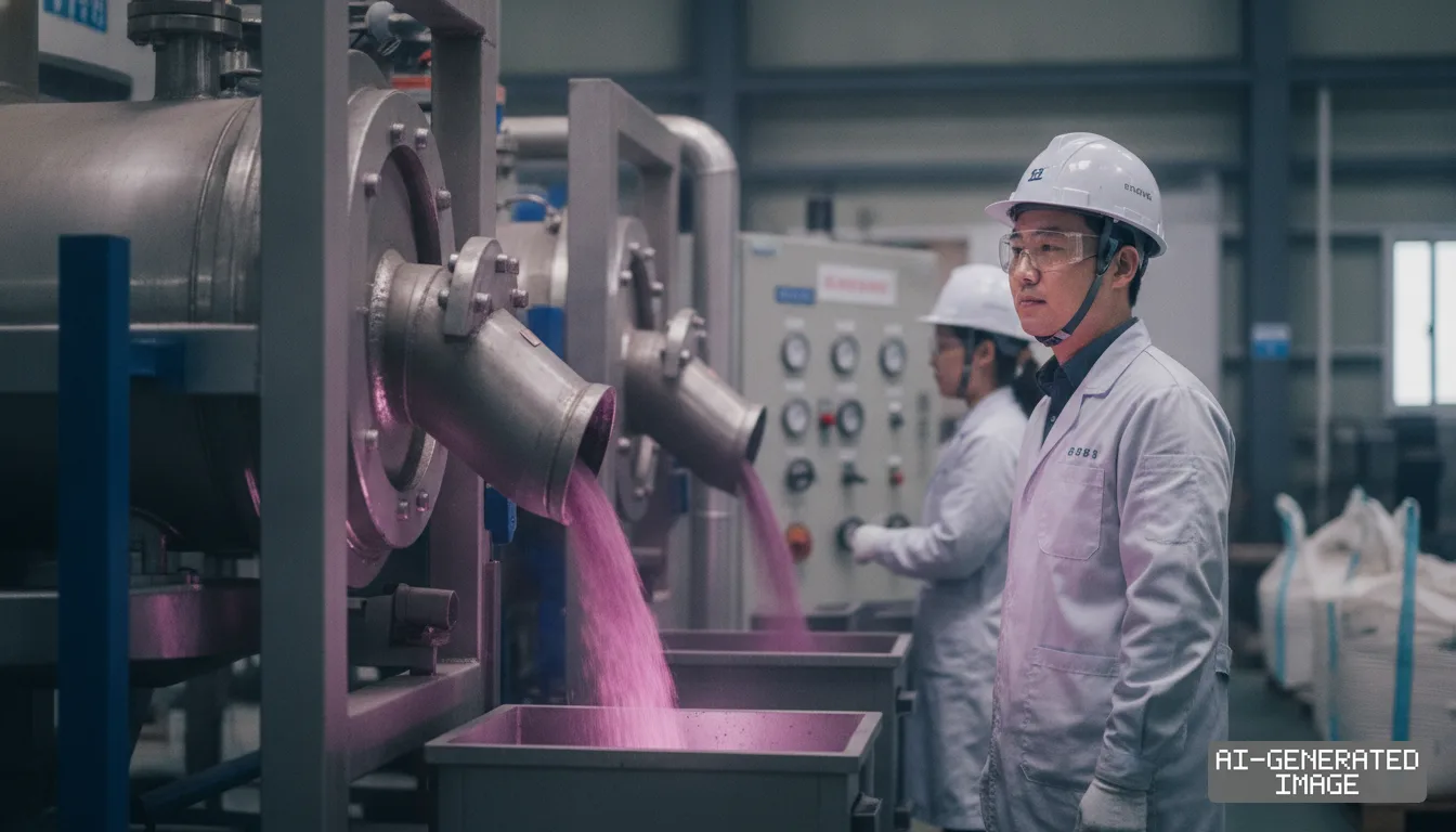 Workers in protective gear monitor battery material pouring from industrial processing equipment inside a manufacturing plant. (AI-generated image)