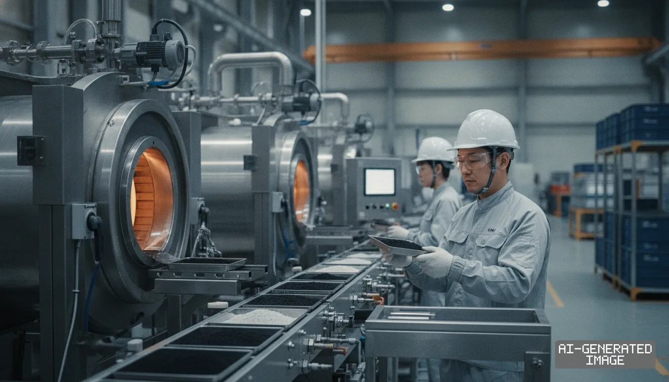 Workers in protective gear inspect battery material samples along an industrial furnace production line. (AI-generated image)
